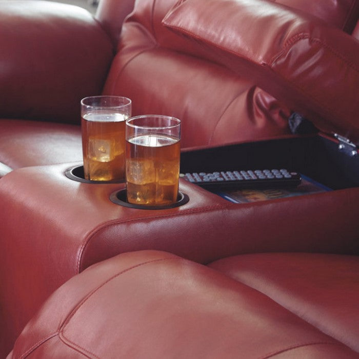 Leatherette Upholstered Metal Reclining Loveseat with Lift Top Storage Console, Red