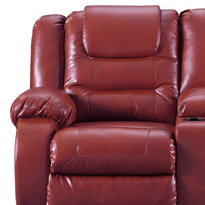 Leatherette Upholstered Metal Reclining Loveseat with Lift Top Storage Console, Red