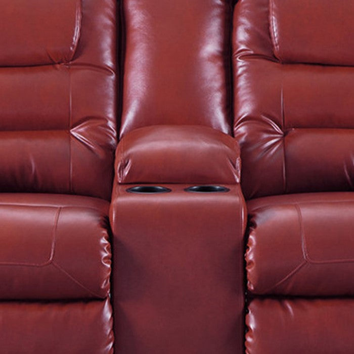 Leatherette Upholstered Metal Reclining Loveseat with Lift Top Storage Console, Red