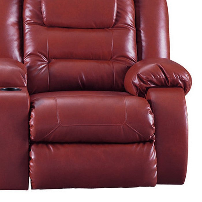 Leatherette Upholstered Metal Reclining Loveseat with Lift Top Storage Console, Red