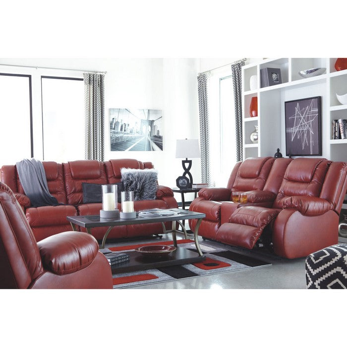 Leatherette Upholstered Metal Reclining Loveseat with Lift Top Storage Console, Red