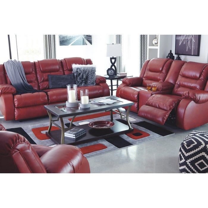 Leatherette Upholstered Metal Reclining Loveseat with Lift Top Storage Console, Red