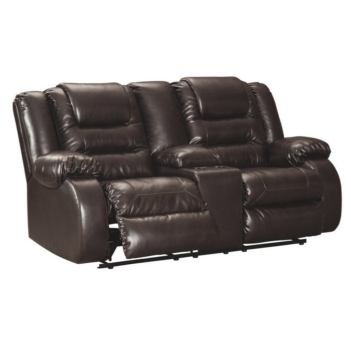 Leatherette Upholstered Metal Reclining Loveseat with Lift Top Storage Console, Brown