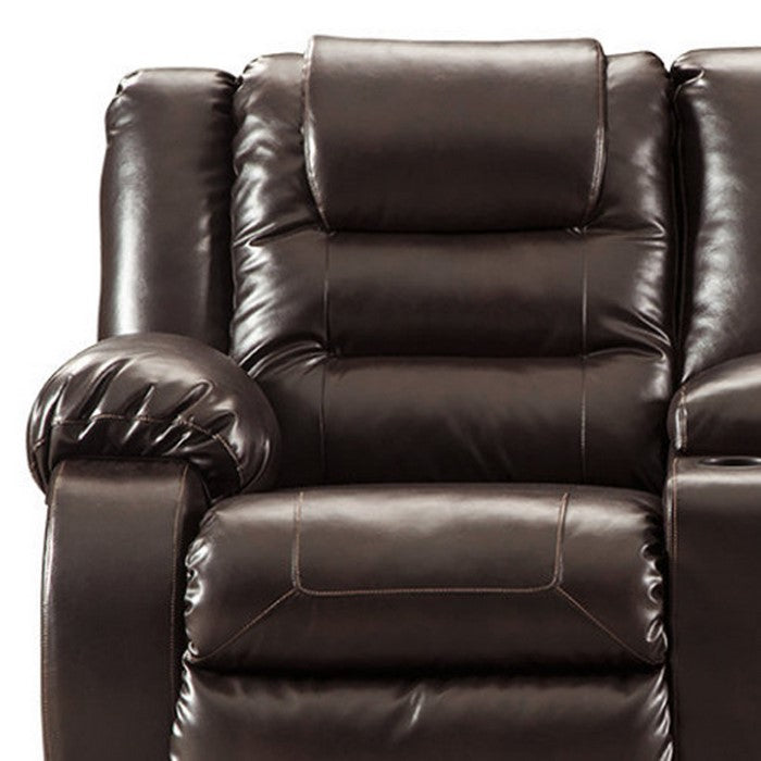 Leatherette Upholstered Metal Reclining Loveseat with Lift Top Storage Console, Brown
