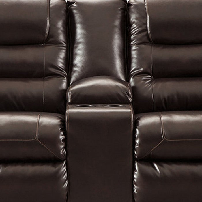 Leatherette Upholstered Metal Reclining Loveseat with Lift Top Storage Console, Brown