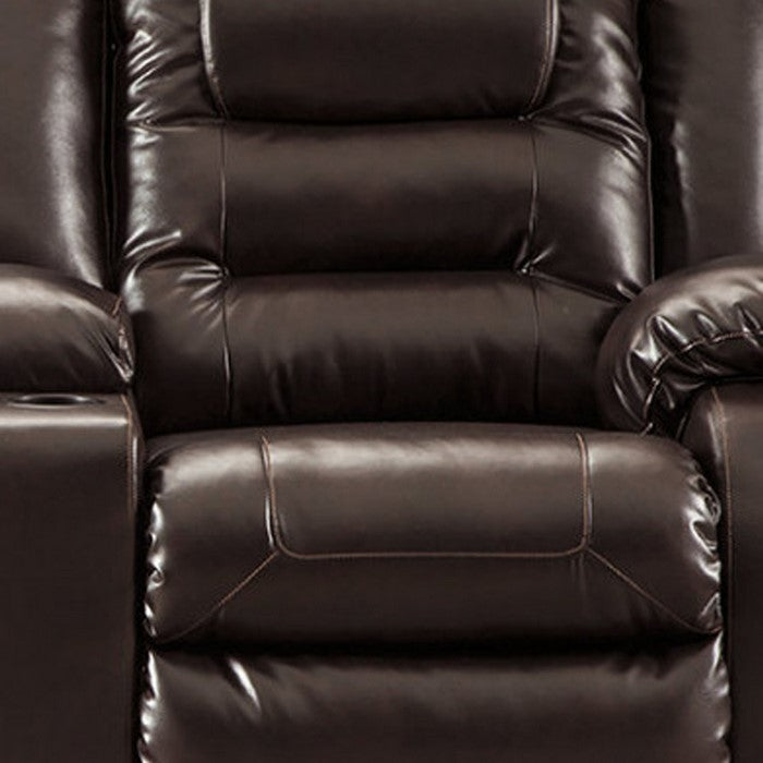Leatherette Upholstered Metal Reclining Loveseat with Lift Top Storage Console, Brown