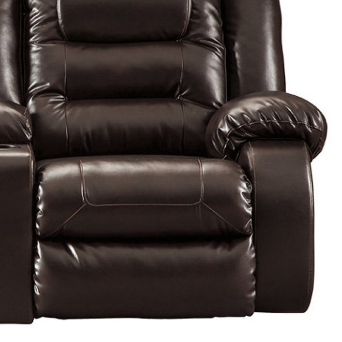 Leatherette Upholstered Metal Reclining Loveseat with Lift Top Storage Console, Brown