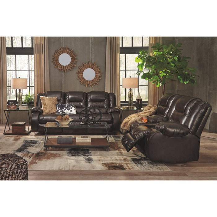 Leatherette Upholstered Metal Reclining Loveseat with Lift Top Storage Console, Brown
