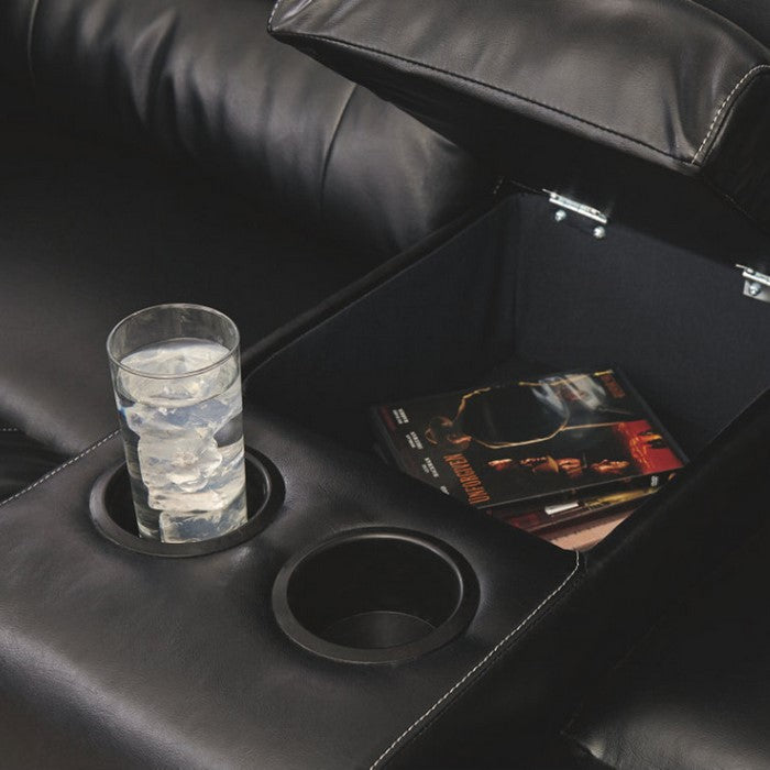 Leatherette Upholstered Metal Reclining Loveseat with Storage Console, Black