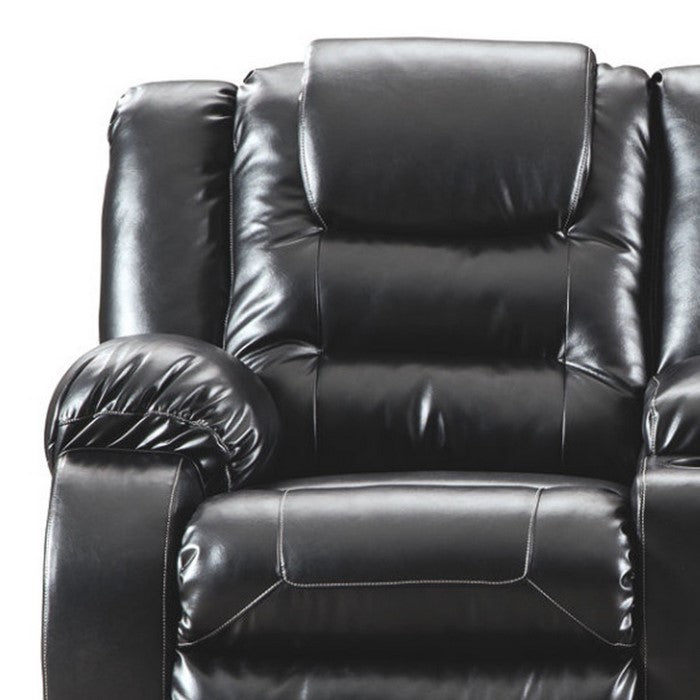 Leatherette Upholstered Metal Reclining Loveseat with Storage Console, Black