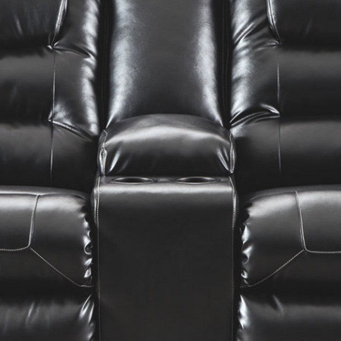 Leatherette Upholstered Metal Reclining Loveseat with Storage Console, Black