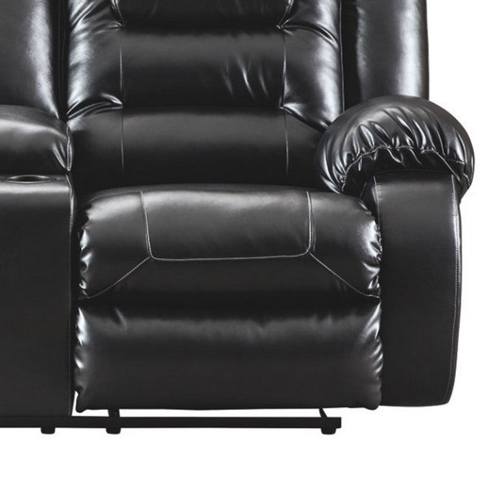 Leatherette Upholstered Metal Reclining Loveseat with Storage Console, Black