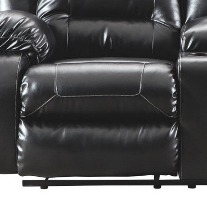 Leatherette Upholstered Metal Reclining Loveseat with Storage Console, Black