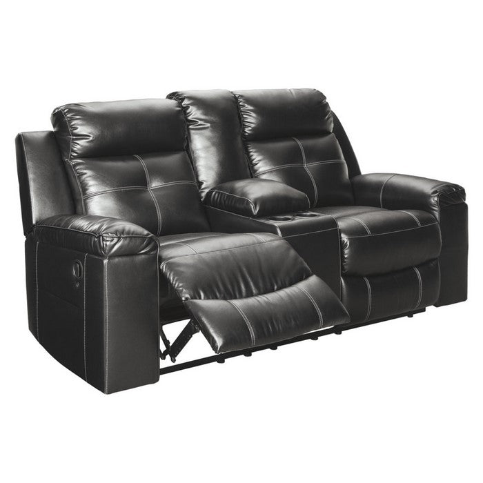 Leatherette Upholstered Metal Reclining Loveseat with Storage Console and LED Lighting, Black