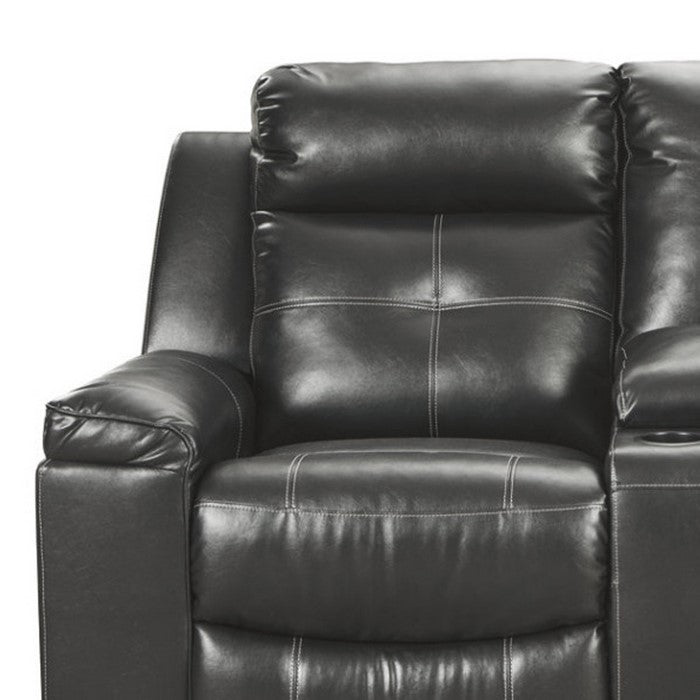 Leatherette Upholstered Metal Reclining Loveseat with Storage Console and LED Lighting, Black
