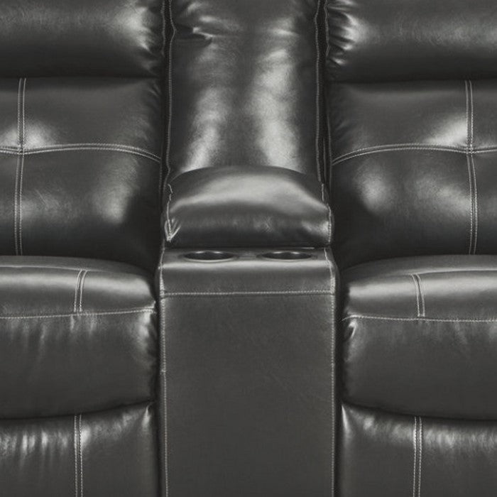 Leatherette Upholstered Metal Reclining Loveseat with Storage Console and LED Lighting, Black