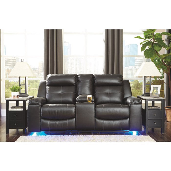 Leatherette Upholstered Metal Reclining Loveseat with Storage Console and LED Lighting, Black
