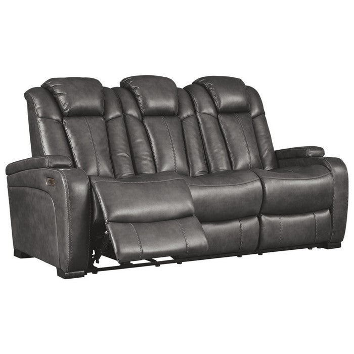 Leatherette Upholstered Metal Power Reclining Sofa with Adjustable Headrest, Gray