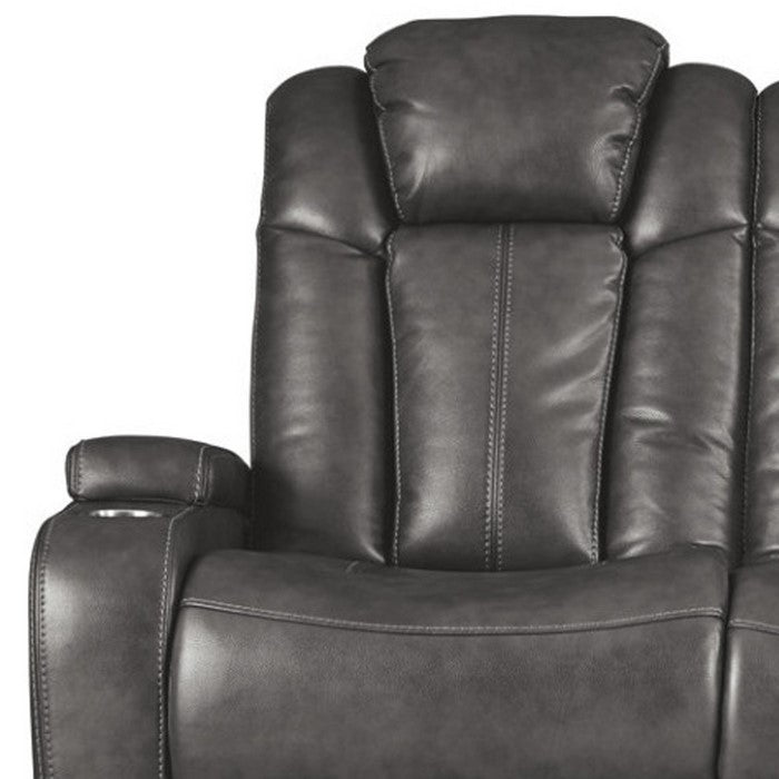 Leatherette Upholstered Metal Power Reclining Sofa with Adjustable Headrest, Gray