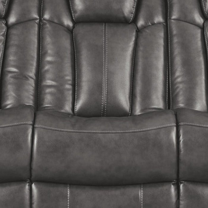 Leatherette Upholstered Metal Power Reclining Sofa with Adjustable Headrest, Gray