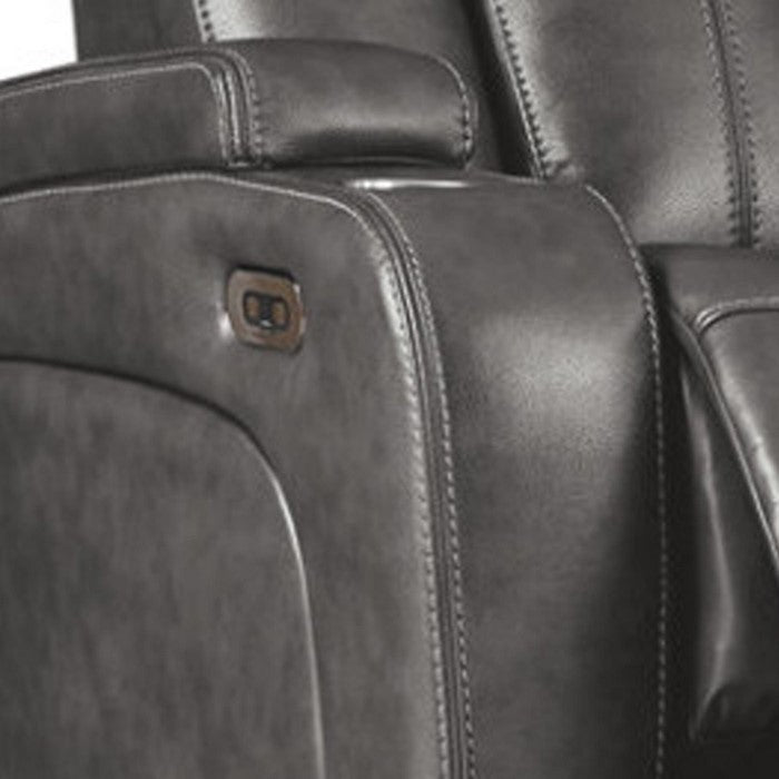 Leatherette Upholstered Metal Power Reclining Sofa with Adjustable Headrest, Gray