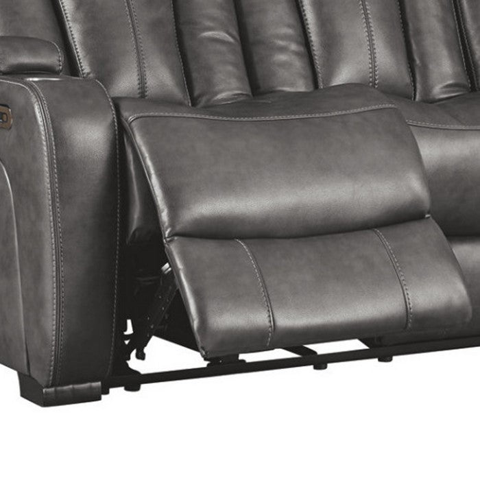 Leatherette Upholstered Metal Power Reclining Sofa with Adjustable Headrest, Gray