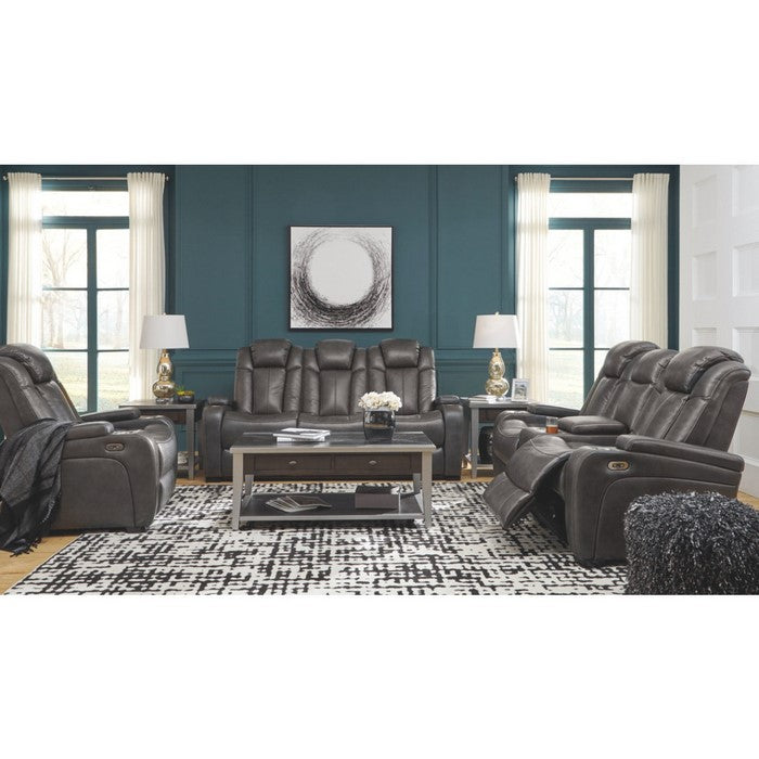 Leatherette Upholstered Metal Power Reclining Sofa with Adjustable Headrest, Gray