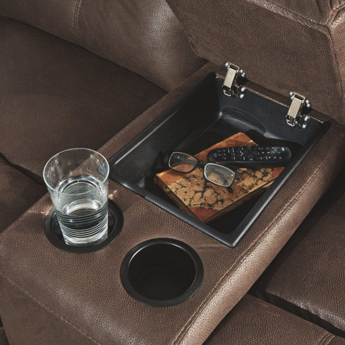 Polyester Upholstered Metal Reclining Loveseat with Storage Console, Brown