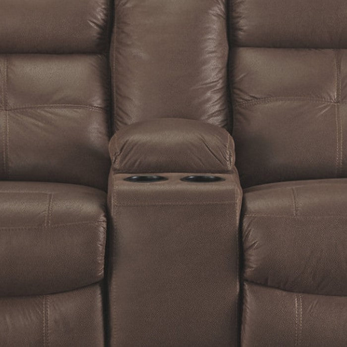 Polyester Upholstered Metal Reclining Loveseat with Storage Console, Brown