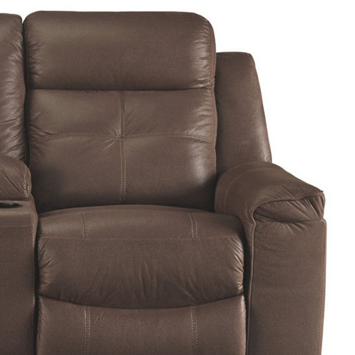 Polyester Upholstered Metal Reclining Loveseat with Storage Console, Brown
