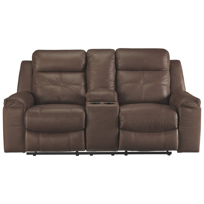 Polyester Upholstered Metal Reclining Loveseat with Storage Console, Brown