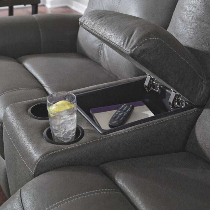 Polyester Upholstered Metal Reclining Loveseat with Storage Console, Gray