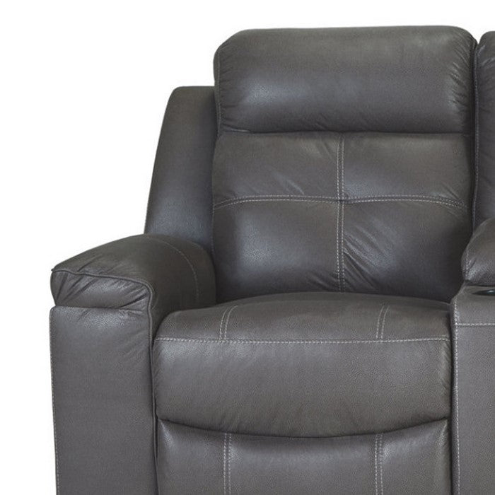 Polyester Upholstered Metal Reclining Loveseat with Storage Console, Gray