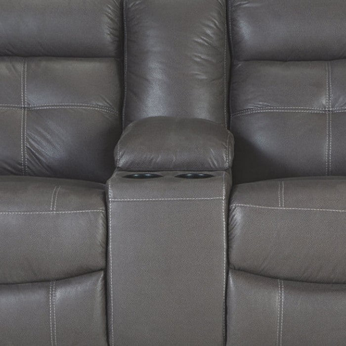 Polyester Upholstered Metal Reclining Loveseat with Storage Console, Gray