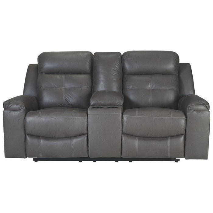 Polyester Upholstered Metal Reclining Loveseat with Storage Console, Gray