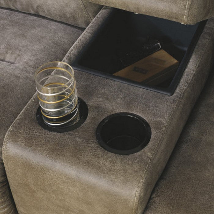 Polyester Upholstered Metal Reclining Loveseat with Storage Console and Cup Holders, Gray
