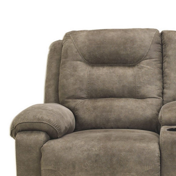 Polyester Upholstered Metal Reclining Loveseat with Storage Console and Cup Holders, Gray