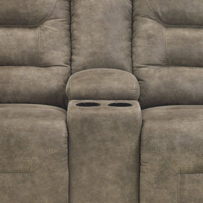 Polyester Upholstered Metal Reclining Loveseat with Storage Console and Cup Holders, Gray