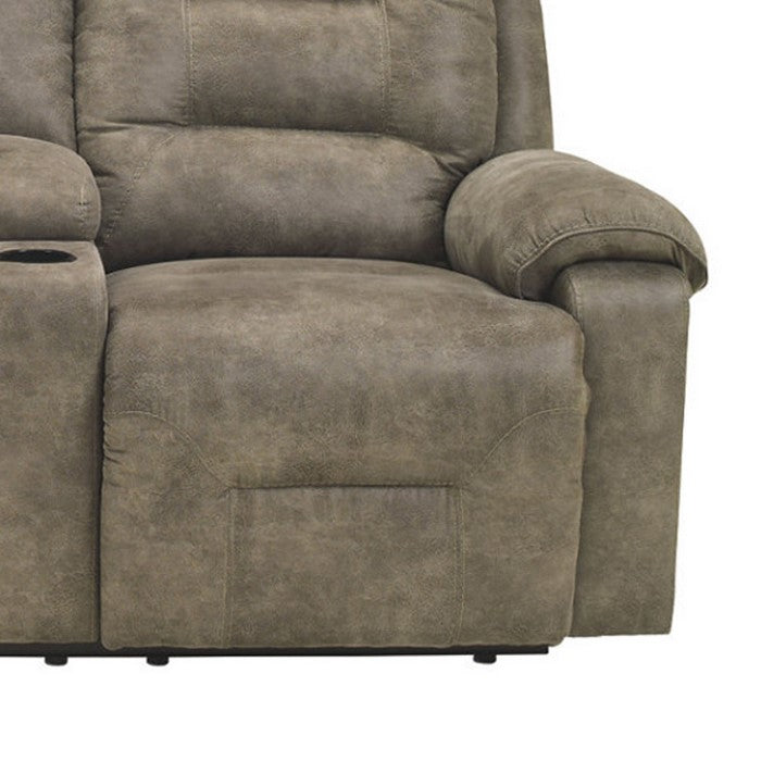 Polyester Upholstered Metal Reclining Loveseat with Storage Console and Cup Holders, Gray