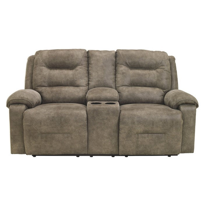 Faux Leather Upholstered Metal Power Reclining Loveseat with Storage Console, Gray