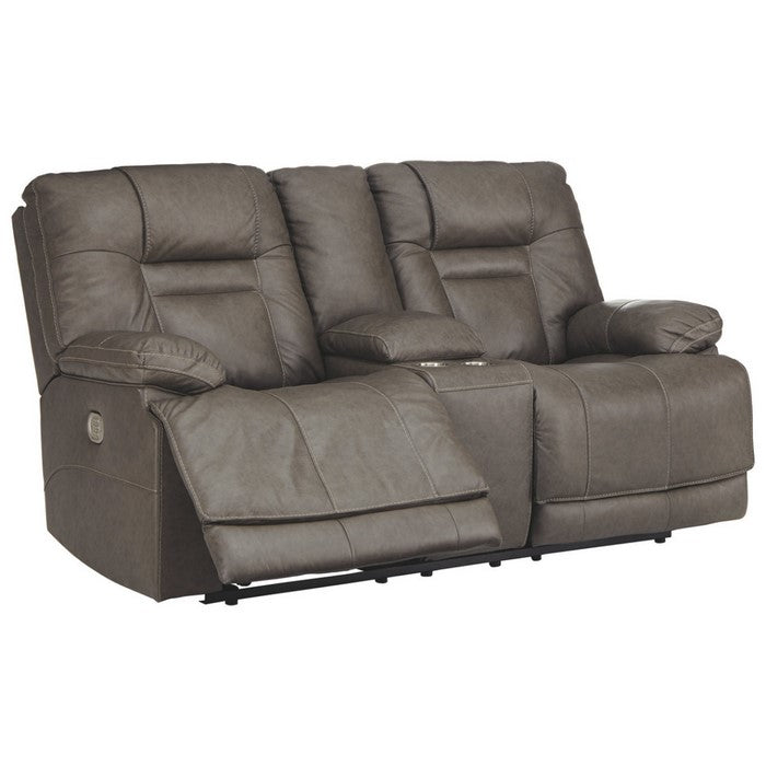 Leather Upholstered Metal Power Reclining Loveseat with Console and Power Cord, Gray