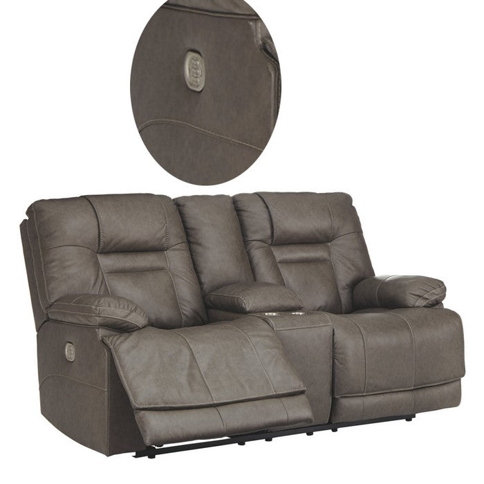 Leather Upholstered Metal Power Reclining Loveseat with Console and Power Cord, Gray