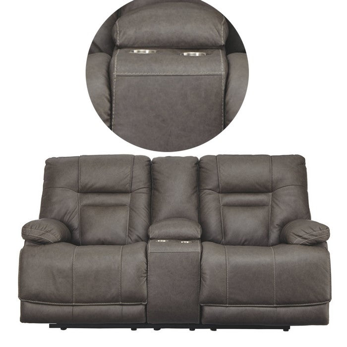 Leather Upholstered Metal Power Reclining Loveseat with Console and Power Cord, Gray