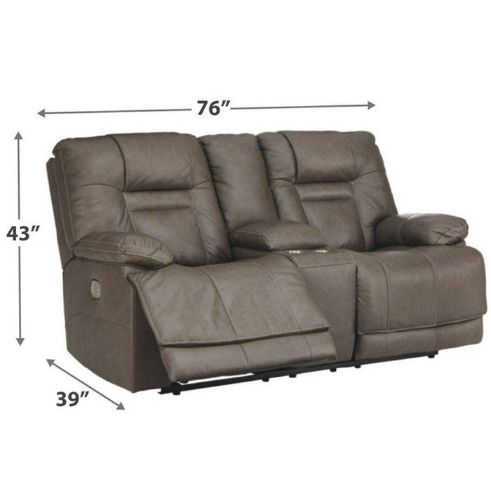Leather Upholstered Metal Power Reclining Loveseat with Console and Power Cord, Gray
