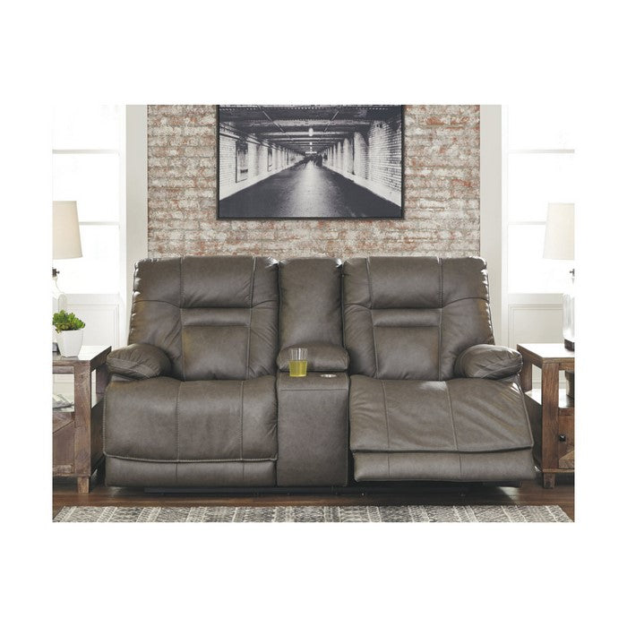 Leather Upholstered Metal Power Reclining Loveseat with Console and Power Cord, Gray