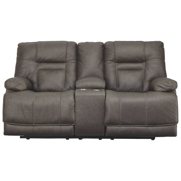 Leather Upholstered Metal Power Reclining Loveseat with Console and Power Cord, Gray