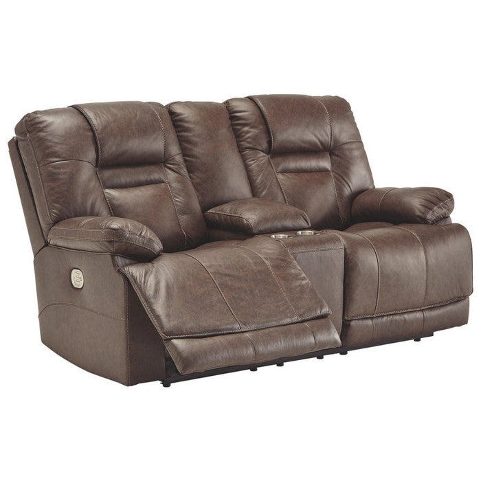 Leatherette Upholstered Metal Power Reclining Loveseat with Storage Console and USB Port, Brown