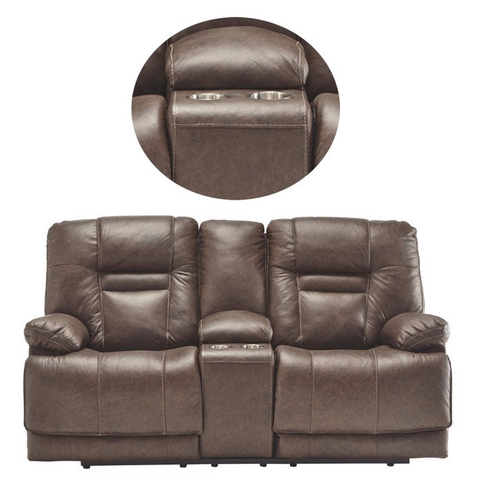 Leatherette Upholstered Metal Power Reclining Loveseat with Storage Console and USB Port, Brown