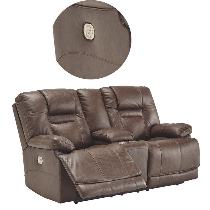 Leatherette Upholstered Metal Power Reclining Loveseat with Storage Console and USB Port, Brown