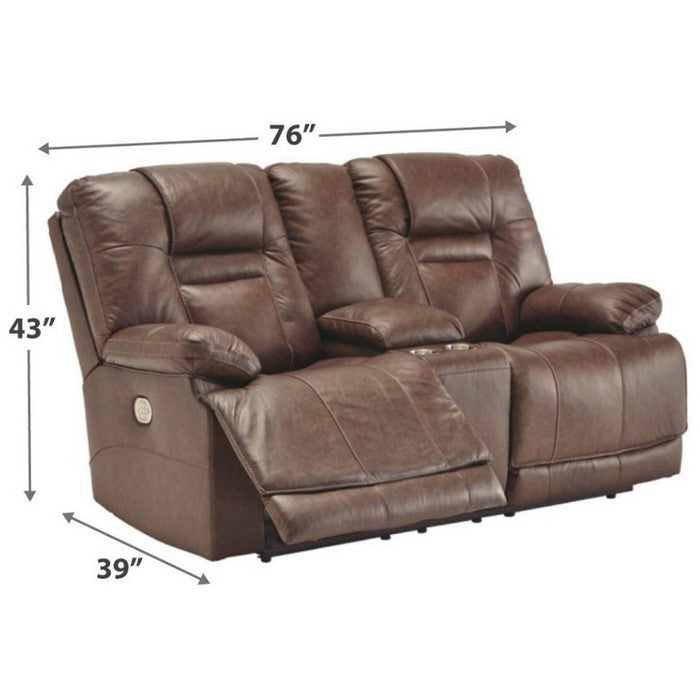 Leatherette Upholstered Metal Power Reclining Loveseat with Storage Console and USB Port, Brown